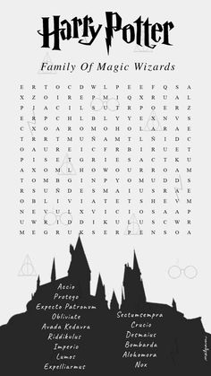 the harry potter word search is shown in black and white, with an image of hogwart