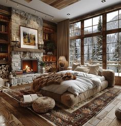 a large bed sitting in the middle of a living room next to a fire place