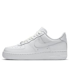 Introducing the Nike Air Force 1 '07 'Triple White' for women. This classic style takes its roots from the iconic 1982 Air Force 1 design, updating it with a modern look and feel for today's trend-conscious wearer. Crafted from white leather featuring a perforated toe box and Swoosh overlays, these sneakers are detailed with Nike heel embroidery and a crisp white sole to complete the look. This versatile sneaker is perfect for hitting the street or hitting the gym - a must-have for any fashionista's wardrobe! Get your pair of Nike Air Force 1 '07 'Triple White' today and take your style to new heights. (AF1/SNKR/Retro/Skate/Low Top/Women's/Non-Slip/Pure White/Wear-resistant) Air Force 1 Size 10, Classic Nike Air Force 1 Low-top For Streetwear, Classic Nike Air Force 1 Low-top, Air Force 1 Design, White Af1, White Air Force Ones, Air Force Women, Shoes Png, Nike Heels