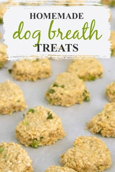 homemade dog treat treats on a baking sheet with text overlay that reads homemade dog breath treats