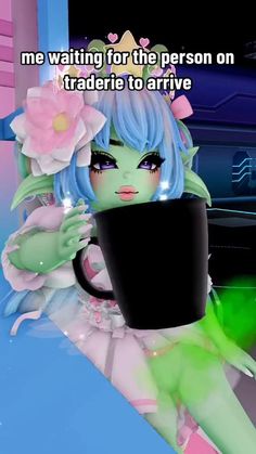 a cartoon girl with blue hair holding a black cup in front of her face and the caption reads, me waiting for the person on trade to arrive