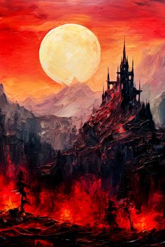 a painting of a castle on fire with mountains in the background