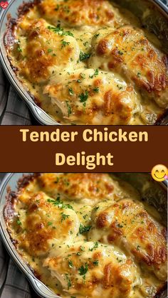 two pictures of a casserole dish with chicken and cheese