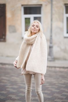 "SIZE: One size - length 78\", width 15'7\" (200 cm x 40 cm) Color: Ivory  and many more Please note that there might be some colors discrepancies due to the different monitor settings. You can ware this scarf all year round: in winter it will warm you up in cold indoor environments, during the fall it will be stylish addition to a leather jacket and will protect you if you ever forget your hat; in summer this will be a great accessory to your light dresses to protect you from the evening breezes. DETAILS 50% mohair wool, 20% wool, 30% acrylic Model is 5,7\" (175 cm)  HANDMADE. Every item is handmade and takes approximately from 1 to 3 weeks to make, that is why every one is unique as yourself." Hand Knitted Beige Shawl For Winter, Handmade Cream Shawl For Winter, Hand Knitted Beige Winter Shawl, Cream Hand Knitted Shawl For Winter, Winter Cream Hand Knitted Shawl, Light Dresses, Cozy Things, Woman Sweater, Fall Winter Trends