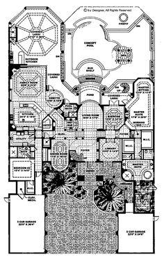 a floor plan for a house with an indoor swimming pool and hot tub in the center