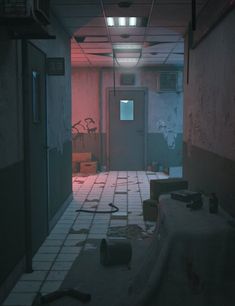 the hallway in an abandoned building is lit up with red lights and debris on the floor