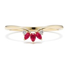 Like beautiful flower petals  this stunning ring features natural rubies in marquise and pear shapes. Two natural diamond accents add the perfect amount of sparkle on either side of the rubies. Wear this 14-karat yellow gold ring solo for a gorgeous pop of color  or let its contour shape hug another ring. Petal Ring, Pear Shapes, Contour Ring, Pear Ring, Ruby Diamond, Yellow Gold Ring, Natural Ruby, Beautiful Flower, Flower Petals