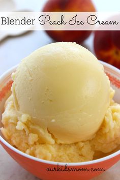 a bowl filled with ice cream next to two apples on a table and text overlay reads, blender peach so cream