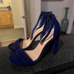 Brand New, Never Worn Purple/Blue Velvet Heels. Dark Blue Heels Prom, Quinceanera Shoes Heels, Navy Blue Quinceanera, Dark Blue Shoes, Dark Blue Heels, Navy Blue High Heels, Blue Velvet Heels, Blue Shoes Heels, High Heels For Kids