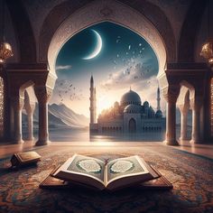 an open book sitting on top of a carpet in front of a building with arches