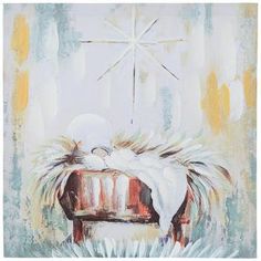 a painting of a baby jesus in the manger scene with a star above it