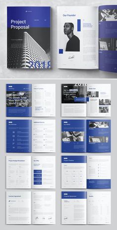 a blue and white brochure is shown in this image