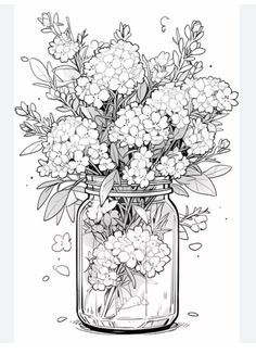 a jar filled with lots of flowers sitting on top of a table