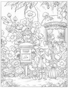 a drawing of a garden scene with flowers and birds in the background, including a birdhouse