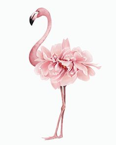 a pink flamingo with a large flower in its's beak, standing on one leg