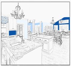 a drawing of a kitchen with blue walls