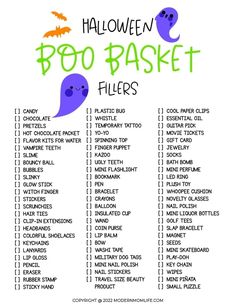 halloween boo - basket fillers with the words boo - baskets written in green and purple