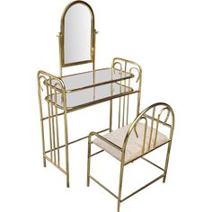 a gold vanity with mirror and chair next to it on a white background in the style of art deco