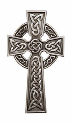 a celtic cross with an intricate design on the front and back side, in silver