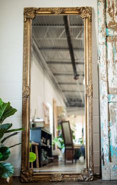 a large gold framed mirror sitting on top of a wooden table next to a potted plant