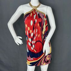 Vintage Y2k 2000’s Sky Multicolored Mini Dress With Gold Braid Metal Halter Size Small. Awesome Dress, Never Worn, Still Has Tags, Features Lining At Bust, Stretchy Material Featuring An Awesome Psychedelic Print. One Or Two Tiny Nicks On Dress Due To Metal Halter. Approximate Measurements While Laying Flat 12 Inches Across Underarms 13 Inches Across Waist 17 Inches Across Hips 27 Inches From Underarm To Bottom Hem Please Look Carefully At Pictures And Ask Questions Prior To Purchasing. Please N Multicolor Silk Mini Dress For Party, Silk Multicolor Mini Dress For Party, Multicolor Silk Mini Dress For Summer, Multicolor Y2k Style Dresses For Spring, Multicolor Silk Mini Dress, Red Y2k Style Summer Dress, Multicolor Sleeveless Silk Mini Dress, Red Y2k Mini Dress, Multicolor Retro Sleeveless Mini Dress