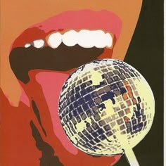 a painting of a woman's mouth holding a disco ball in front of her face