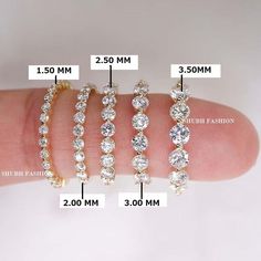 a hand with three different types of bracelets on it, and the measurements for each one