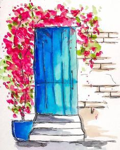 a painting of a blue door with pink flowers on the outside and steps leading up to it