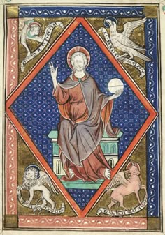 an illuminated manuscript with the image of st benedict surrounded by animals and birds, including a lion