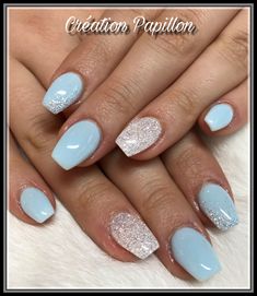 Alice Blue Nails, Light Blue Prom Nails Short, Cinderella Nails Short, Blue White Glitter Nails, Short Blue And Silver Nails, Bridal Nails Something Blue, Light Blue Nails With Silver Glitter, Bridal Blue Nails, Sweet 16 Nail Ideas Blue