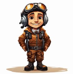 a little boy in a pilot's outfit with headphones and goggles on