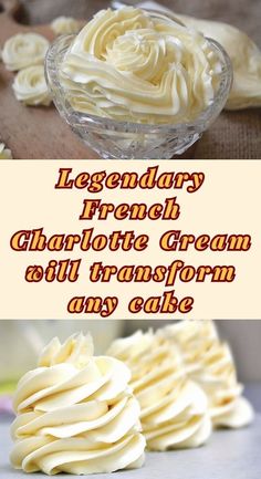 there are two pictures with words on them that say, birthday fresh charlotte cream will transform any cake