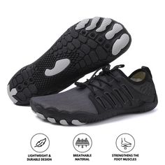 men's water shoes in black and white with the words, light weight and comfortable sole