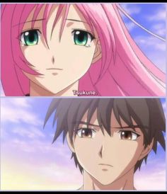 two anime characters with pink hair and green eyes