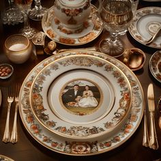 an elaborately decorated dinner set on a table