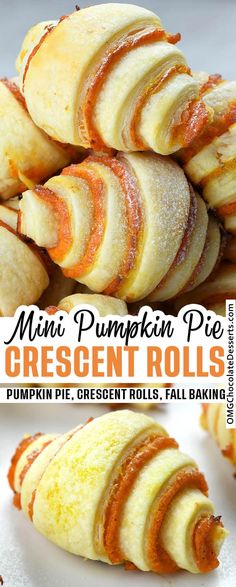 mini pumpkin pie crescent rolls with orange and yellow frosting on top, stacked up in piles