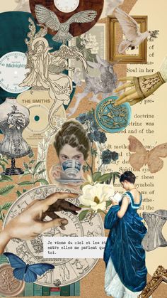 an altered collage with pictures and words on it's side, including a woman in a blue dress