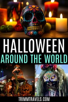 halloween around the world with candles and skulls