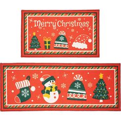 two christmas placemats with snowmen and hats on them, one is red