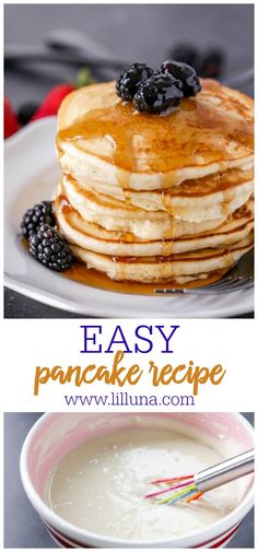 pancakes with blueberries and syrup are shown in this collage