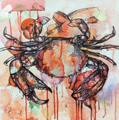 a painting of a crab with lots of paint on it