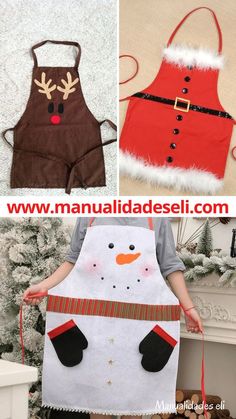 three different pictures of aprons made to look like snowmen and santa clause hats