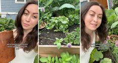 a woman is standing in front of some plants and looking at the camera with her eyes closed