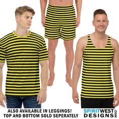 two men wearing yellow and black striped shorts, one in the shape of a man's chest