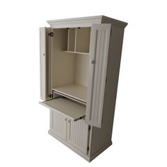 a white cabinet with drawers and cupboards on the doors is shown against a white background