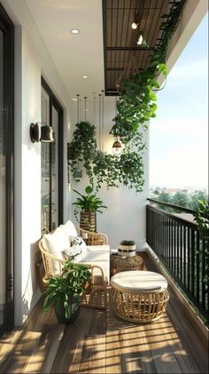 the balcony is decorated with plants and wicker furniture