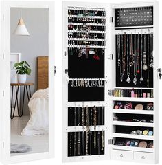 a white closet filled with lots of jewelry