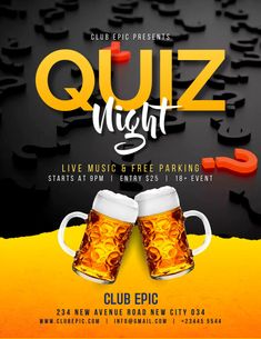 a flyer for a quiz night with two mugs of beer