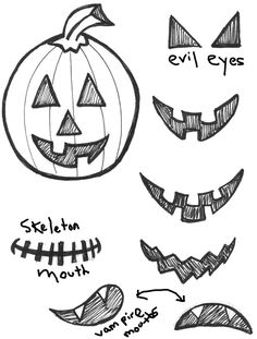 halloween pumpkins with different faces drawn on them and the words, evil eyes, skeleton mouth