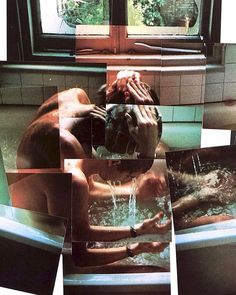 a collage of photos showing a man taking a bath